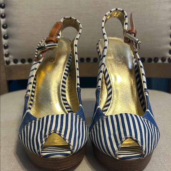 Coach Shoes - Coach Peep-Toe Navy Striped Slingback Heels, Size 9B